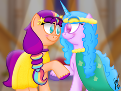 Size: 2160x1620 | Tagged: safe, artist:jesslmc16, izzy moonbow, sunny starscout, earth pony, unicorn, baby critters, g5, my little pony: tell your tale, blushing, clothes, collar, crossed hooves, dress, duo, duo female, female, formal wear, gown, headband, horn, lesbian, lidded eyes, looking at each other, looking at someone, mane stripe sunny, raised hoof, ship:moonscout, shipping, signature, smiling, smiling at each other, spotlight, zephyr heights