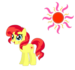 Size: 697x655 | Tagged: safe, artist:selenaede, artist:user15432, sunshimmer, earth pony, pony, g3, g4, base used, blue eyes, cutie mark, freckles, g3 to g4, generation leap, not sunset shimmer, open mouth, open smile, recolor, red mane, red tail, simple background, smiling, solo, tail, transparent background, yellow coat