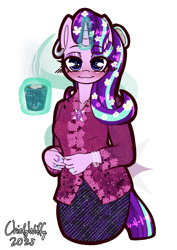 Size: 992x1403 | Tagged: safe, artist:chiefywiffy, starlight glimmer, unicorn, anthro, g4, my little pony: friendship is magic, chocolate, clothes, dress, female, flower, flower in hair, food, horn, hot chocolate, kebaya, mare, piercing, simple background, solo, white background