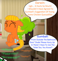 Size: 1190x1250 | Tagged: safe, artist:memeartboi, earth pony, pony, g4, aftermath, bathroom, but why, colt, darwin watterson, eyes closed, fart, fart cloud, foal, imminent flush, implied diarrhea, implied farting, implied pooping, indoors, male, onomatopoeia, pain, ponified, pushing, sitting, sitting on toilet, solo, sound effects, speech bubble, struggle, struggling, suffering, text, the amazing world of gumball, toilet, toilet humor, ugh, uncomfortable