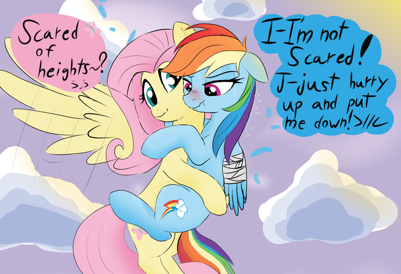 Size: 1730x1182 | Tagged: safe, artist:local sugar provider, derpibooru exclusive, fluttershy, rainbow dash, pegasus, pony, g4, acrophobia, bandage, blush lines, blushing, cloud, cute, dashabetes, denial, duo, duo female, ears back, featured image, female, floppy ears, flustered, flying, frown, heights, holding, holding a pony, holding each other, hypocrisy, hypocritical humor, injured wing, ironic, lesbian, madorable, mare, nervous, nose wrinkle, outdoors, put me down, rainbow dash is not amused, role reversal, scrunchy face, shaking, ship:flutterdash, shipping, shyabetes, sky, speech bubble, sweat, sweatdrop, talking, text, tsunderainbow, tsundere, unamused, wings