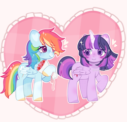 Size: 2954x2832 | Tagged: safe, artist:moon-rose-rosie, rainbow dash, twilight sparkle, alicorn, pony, g4, bouquet of flowers, chibi, duo, duo female, female, flower, horn, lesbian, ship:twidash, shipping, twilight sparkle (alicorn)