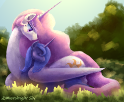 Size: 1214x1000 | Tagged: safe, artist:mystobright sky, princess celestia, princess luna, alicorn, pony, g4, duo, eyes closed, female, filly, filly luna, horn, lying down, mare, outdoors, pink-mane celestia, prone, royal sisters, siblings, sisters, smiling, wing blanket, winghug, wings, woona, younger