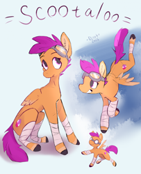 Size: 1728x2132 | Tagged: safe, artist:djoyk, scootaloo, pegasus, pony, g4, bandage, cute, female, filly, foal, goggles, grin, scootaloo can fly, sitting, smiling, solo