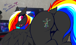 Size: 5000x3000 | Tagged: safe, alternate version, artist:darky_wings, oc, oc only, oc:darky wings, oc:detonaty, earth pony, pegasus, pony, accident, butt, butt crush, butt focus, buttcheeks, crush fetish, crushing, fetish, flattened, indoors, macro, micro, size difference, sketch, squish, swirly eyes