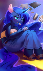 Size: 1838x3038 | Tagged: safe, artist:aruurara, princess luna, anthro, unguligrade anthro, gamer luna, g4, anime style, chips, clothes, controller, female, food, glowing, glowing horn, horn, indoors, magic, moe, pants, sitting, soda, solo, telekinesis