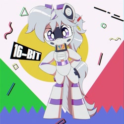 Size: 2500x2500 | Tagged: safe, artist:trackheadtherobopony, oc, oc:sixteen-bits, pony, robot, robot pony, unicorn, semi-anthro, abstract background, bipedal, cartridge, horn, mouth hold, sega mega drive, solo