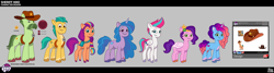 Size: 5501x1466 | Tagged: safe, hitch trailblazer, izzy moonbow, misty brightdawn, pipp petals, sheriff hike, sunny starscout, zipp storm, earth pony, pegasus, pony, unicorn, g5, habitat of a lifetime, my little pony: tell your tale, leak, spoiler:g5, spoiler:my little pony: tell your tale, spoiler:tyts02e30, ancestor, bracelet, braid, braided ponytail, concept art, diverse body types, facial hair, female, freckles, friendship bracelet, hat, headband, height difference, hoof heart, horn, jewelry, male, mane five, mane six (g5), mane stripe sunny, mare, moustache, ponytail, rebirth misty, reference sheet, sash, sheriff hat, sheriff's badge, stallion, tall, underhoof, unshorn fetlocks