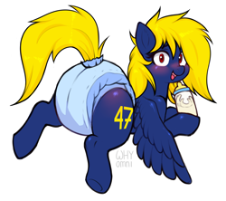 Size: 2364x2100 | Tagged: safe, alternate version, artist:whyomnichan, oc, oc only, oc:naveen numbers, pegasus, pony, baby bottle, clean diaper, diaper, diaper fetish, female, fetish, non-baby in diaper, simple background, solo, white background, wings