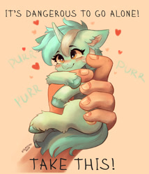 Size: 2005x2342 | Tagged: safe, artist:polnocnykot, lyra heartstrings, human, pony, unicorn, g4, behaving like a cat, blushing, cheek fluff, cute, ear fluff, female, floppy ears, fluffy, hand, heart, horn, hug, in goliath's palm, it's dangerous to go alone, lyrabetes, meme, offscreen character, offscreen human, purring, simple background, size difference, smiling, smol, solo focus, text, that pony sure does love hands, that pony sure does love humans, the legend of zelda, tiny, tiny ponies, unshorn fetlocks, weapons-grade cute