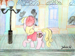 Size: 4032x3016 | Tagged: safe, artist:jakusi, luckette, earth pony, pony, g4, background pony, beret, clothes, door, female, hat, lamppost, manehattan, mannequin, mare, outdoors, shop, shop window, sidewalk, signature, solo, street, traditional art, turned head, walking, window