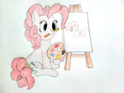 Size: 4032x3016 | Tagged: safe, artist:jakusi, pinkie pie, earth pony, pony, g4, /bale/, canvas, easel, female, mare, mouth hold, paint, paint palette, paintbrush, painting, sitting, traditional art