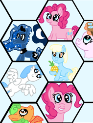 Size: 766x1008 | Tagged: safe, artist:jakusi, jetstream, lightning bolt, perfect pie, pinkie pie, princess luna, sassaflash, white lightning, alicorn, earth pony, pegasus, pony, g4, apple family member, aviator goggles, background pony, female, flying, food, goggles, hexagon, looking up, mare, neckerchief, pineapple, sitting, smiling, that pony sure does love pineapples, wings