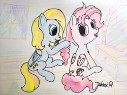 Size: 4032x3016 | Tagged: safe, artist:jakusi, bifröst, goldy wings, pegasus, pony, g4, background pony, brush, curtains, drawer, female, friendship student, hair styling, hairband, hairbrush, indoors, looking back, mare, mirror, mouth hold, signature, sitting, tail, tail wrap, window, wings