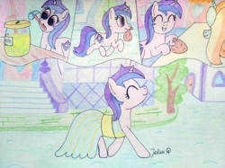 Size: 4032x3016 | Tagged: safe, artist:jakusi, sassy saddles, sea swirl, seafoam, pony, unicorn, canterlot boutique, g4, my little pony: friendship is magic, background pony, bag, canterlot, canterlot carousel, clothes, comic, drawthread, dress, female, good end, hammer, happy, horn, indoors, jar, mare, money bag, mouth hold, outdoors, signature, smiling, traditional art, trotting, walking