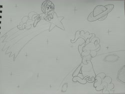 Size: 4032x3016 | Tagged: safe, artist:jakusi, pinkie pie, earth pony, g4, astronaut pinkie, crater, duality, female, happy, looking up, mare, moon, planet, saturn, shooting star, sketch, space, space helmet, stars, tangible heavenly object, traditional art