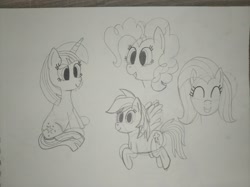 Size: 4032x3016 | Tagged: safe, artist:jakusi, fluttershy, pinkie pie, rainbow dash, twilight sparkle, earth pony, g4, bust, eyes closed, female, flying, happy, looking at you, mare, portrait, sitting, sketch, smiling, traditional art