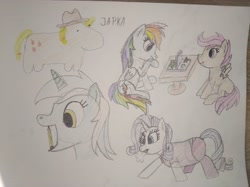 Size: 4032x3016 | Tagged: safe, artist:jakusi, applejack, lyra heartstrings, rainbow dash, rarity, scootaloo, earth pony, pegasus, unicorn, g4, board game, bust, female, filly, foal, horn, kuce z bronksu, mare, panting, pencil, portrait, sitting, table, thinking, traditional art, workout outfit