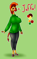 Size: 3000x4714 | Tagged: safe, artist:drbeard, oc, oc only, oc:jaffa, giraffe, anthro, unguligrade anthro, bipedal, clothes, erect nipples, female, heart, nipple outline, non-pony oc, pants, reference sheet, solo, sweater