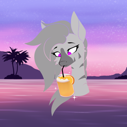 Size: 2000x2000 | Tagged: safe, artist:katewhitepain, oc, oc only, oc:adara zebra, zebra, beach, drink, drinking straw, female, solo