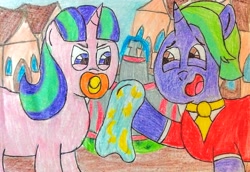 Size: 2986x2053 | Tagged: safe, artist:bitter sweetness, firelight, starlight glimmer, pony, unicorn, g4, abdl, adult foal, clothes, father and child, father and daughter, female, horn, male, open mouth, open smile, outdoors, pacifier, smiling, traditional art