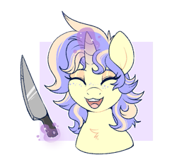 Size: 589x555 | Tagged: safe, artist:lulubell, oc, oc only, oc:chiffonade charm, pony, unicorn, bust, eyes closed, female, freckles, horn, knife, magic, open mouth, open smile, passepartout, portrait, smiling, solo, telekinesis