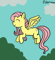 Size: 1773x1920 | Tagged: safe, artist:wrath-marionphauna, fluttershy, pegasus, pony, g4, blushing, flying, outdoors, smiling, solo, spread wings, wings