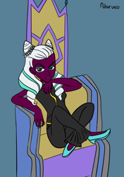 Size: 1280x1820 | Tagged: safe, artist:wrath-marionphauna, opaline arcana, human, g5, clothes, eyeshadow, flats, green nail polish, humanized, lips, lipstick, makeup, nail polish, pony coloring, sexy, shoes, sitting, solo, throne