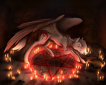 Size: 2500x2000 | Tagged: safe, artist:rainland, oc, oc only, pegasus, pony, 666, artfight, artfight2024, candle, colored, dark magic, full body, full color, indoors, magic, occult, occultism, occultist, partially open wings, pentagram, ritual, solo, wings