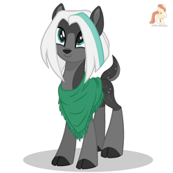 Size: 1772x1772 | Tagged: safe, artist:r4hucksake, oc, oc only, oc:juniper, deer, blue eyes, clothes, cloven hooves, coat markings, facial markings, female, gray coat, looking up, scarf, simple background, solo, spots, transparent background, white mane