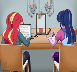 Size: 1600x1500 | Tagged: safe, artist:deltalima, sci-twi, sunset shimmer, twilight sparkle, human, equestria girls, g4, alternate clothes, apple, chair, computer, cover art, duo, duo female, female, food, indoors, laptop computer, notebook, pencil, ponytail, sitting, table, 🍎