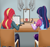 Size: 1600x1500 | Tagged: safe, artist:deltalima, sci-twi, sunset shimmer, twilight sparkle, human, equestria girls, g4, alternate clothes, apple, chair, computer, cover art, duo, duo female, female, food, indoors, laptop computer, notebook, pencil, ponytail, sitting, table