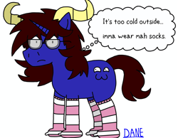 Size: 2907x2256 | Tagged: safe, artist:dansproblems, oc, oc only, oc:dane, pony, unicorn, clothes, female, glasses, horn, horns, looking at you, mare, simple background, socks, solo, striped socks, thought bubble, white background