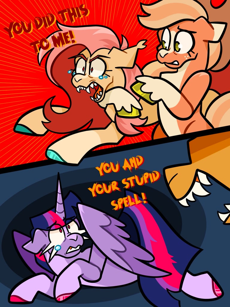 Flutterrage #3686551 - safe, artist:anxietymonstrr, applejack, fluttershy, twilight ...