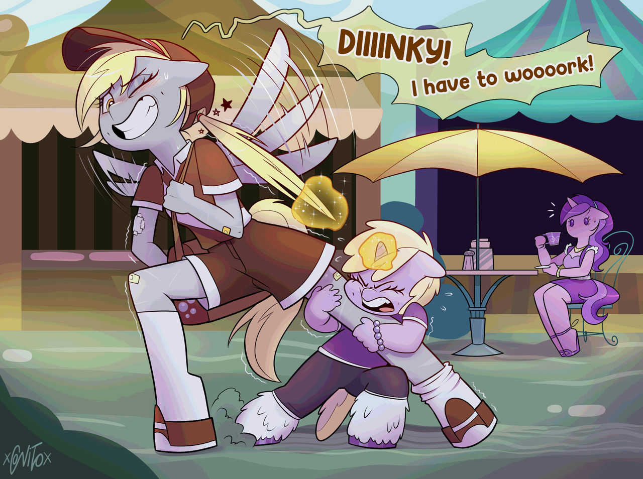 A reversal of the previous scene, where Derpy is now dressed in her postal uniform and trying to go to work, but a protesting Dinky is holding her back.  In the background, Amethyst Star stops drinking her tea to observe the further mother-daughter antics in mild concern.