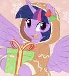 Size: 1852x2037 | Tagged: safe, artist:higglytownhero, twilight sparkle, alicorn, pony, g4, bow, christmas, christmas 2025, clothes, cute, female, gingerbread man, half body, holiday, hood up, hoodie, hoof hold, horn, looking at you, mare, open mouth, present, smiling, solo, spread wings, twiabetes, twilight sparkle (alicorn), wings