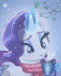 Size: 2180x2700 | Tagged: safe, artist:theretroart88, rarity, pony, unicorn, g4, blushing, bust, christmas, christmas 2025, clothes, cute, drink, female, glowing, glowing horn, high res, holiday, horn, hot chocolate, levitation, magic, mare, mole, mug, scarf, snow, snowfall, solo, telekinesis, tree branch