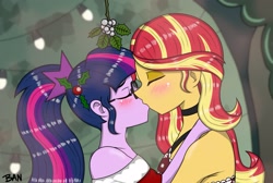Size: 2537x1705 | Tagged: safe, artist:banquo0, sci-twi, sunset shimmer, twilight sparkle, human, equestria girls, g4, blushing, choker, christmas, clothes, dress, duo, eyes closed, female, glasses, holiday, kissing, lesbian, mistletoe, ponytail, ship:sci-twishimmer, ship:sunsetsparkle, shipping