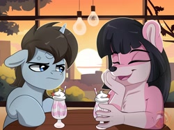 Size: 3000x2250 | Tagged: safe, artist:joaothejohn, oc, oc:peterpony, fox, pony, unicorn, angry, bruh, cute, drink, eyes closed, floppy ears, furry, horn, laughing, looking at each other, looking at someone, meeting, milkshake, sitting, sunset, table, tree