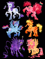 Size: 1582x2048 | Tagged: safe, artist:yelloart, applejack, fluttershy, pinkie pie, rainbow dash, rarity, twilight sparkle, alicorn, earth pony, pegasus, pony, unicorn, g4, asexual pride flag, band-aid, bisexual pride flag, black background, bracelet, chest fluff, curved horn, female, floating heart, gay pride flag, glasses, goggles, goggles on head, heart, horn, horn ring, jewelry, leonine tail, lesbian pride flag, mane six, mare, pansexual pride flag, pride, pride flag, ring, simple background, sticker, sticker set, tail, tail ring, transgender pride flag, twilight sparkle (alicorn), unshorn fetlocks