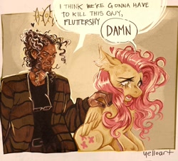 Size: 1440x1308 | Tagged: safe, artist:yelloartt, fluttershy, human, pegasus, pony, g4, dialogue, duo, ear fluff, female, glasses, glasses chain, i think we're gonna have to kill this guy, jonathan sims, male, mare, meme, speech bubble, the magnus archives