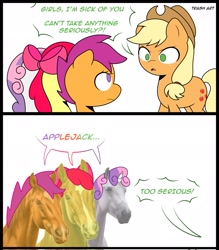 Size: 1791x2048 | Tagged: safe, artist:eltrash_art6, apple bloom, applejack, scootaloo, sweetie belle, earth pony, horse, pegasus, pony, unicorn, g4, 2 panel comic, apple sisters, applejack's hat, comic, cowboy hat, cutie mark crusaders, female, filly, foal, freckles, hat, hoers, horn, mare, meme, open mouth, siblings, simple background, sisters, too serious, white background