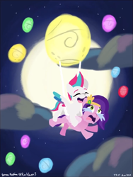 Size: 756x1008 | Tagged: safe, artist:rockhoppr3, pipp petals, zipp storm, pegasus, pony, g5, moon festival, my little pony: tell your tale, spoiler:g5, spoiler:my little pony: tell your tale, adorable distress, adorapipp, adorazipp, crying, cute, duo, duo female, eyes closed, female, filly, filly pipp petals, filly zipp storm, flying, foal, grin, lantern, mare, night, open mouth, open smile, outdoors, royal sisters (g5), scared, scene interpretation, siblings, sisters, smiling, spread wings, varying degrees of amusement, wings, younger