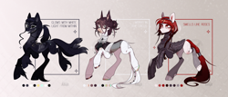 Size: 4980x2136 | Tagged: safe, artist:kanika-png, oc, oc only, earth pony, pony, adoptable, armor, braid, braided tail, clothes, concave belly, fangs, female, hair bun, hairband, mare, multiple eyes, reference sheet, slender, tail, thin, tongue out, trio, unshorn fetlocks