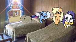 Size: 2484x1396 | Tagged: safe, artist:tamers12345, applejack, rarity, trixie, twilight sparkle, earth pony, pony, unicorn, applejack and rarity leave ponyville, g4, bed, bedroom, butt, female, horn, hotel room, indoors, lesbian, ship:rarijack, ship:twixie, shipping