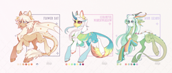 Size: 4980x2136 | Tagged: safe, artist:kanika-png, oc, oc only, bat pony, dracony, dragon, hybrid, pony, unicorn, adoptable, chest fluff, claws, concave belly, curved horn, ear piercing, earring, fetlock tuft, flower, flower in hair, horn, jewelry, leonine tail, necklace, piercing, reference sheet, slender, spread wings, tail, thin, trio, wings