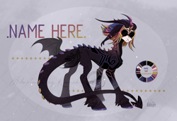 Size: 3328x2289 | Tagged: safe, artist:kanika-png, oc, dracony, dragon, hybrid, pony, adoptable, chest fluff, concave belly, devil tail, horns, piercing, reference sheet, skinny, solo, sunglasses, tail, tail piercing, thin