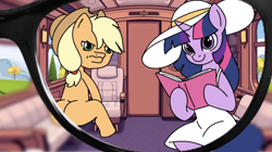 Size: 2488x1398 | Tagged: safe, artist:tamers12345, applejack, twilight sparkle, earth pony, pony, unicorn, applejack and rarity leave ponyville, g4, book, butt, clothes, dress, glasses, hat, horn, sun hat, sundress