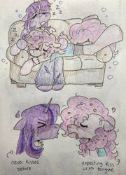 Size: 2523x3512 | Tagged: safe, artist:brynnstic, derpibooru exclusive, pinkie pie, twilight sparkle, alicorn, earth pony, pony, anthro, unguligrade anthro, series:college ponies, g4, my little pony: friendship is magic, colored, couch, female, horn, imminent kissing, lesbian, meme, ship:twinkie, shipping, simple background, sketch, sleeping, text, traditional art, twilight sparkle (alicorn)