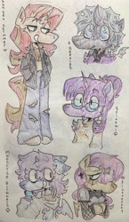 Size: 2301x3959 | Tagged: safe, artist:brynnstic, derpibooru exclusive, fluttershy, sci-twi, sunset shimmer, twilight sparkle, oc, oc:beetles, oc:moonrise glimmers, changeling, pegasus, pony, unicorn, anthro, unguligrade anthro, series:college ponies, g4, changeling oc, clothes, colored, fluttergoth, glasses, goth, horn, pegasus oc, sketch, sketch dump, text, torn clothes, traditional art, unicorn twilight